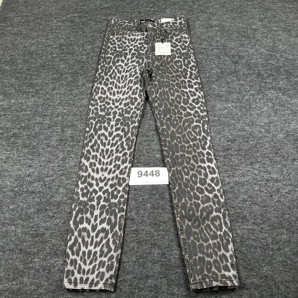 Zara Leopard Print Skinny Jeans Womens 2 Grey Brown Animal High Rise 6688/003